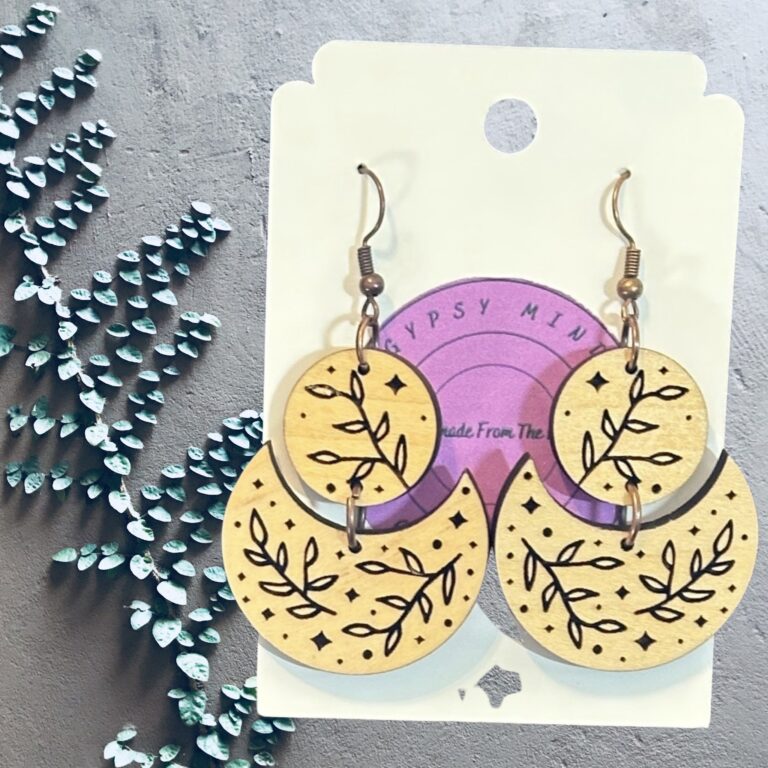 Celestial Stars Leaves Double Drop Wood Dangle Earrings Med Basswood Hardwood 1.5 in