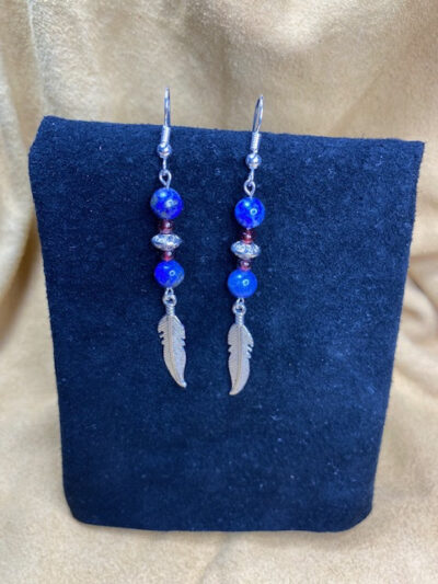 Lapis and Garnet Earrings with Silver Feather