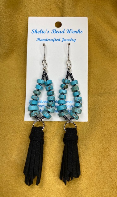 Turquoise Earrings with Black Tassel