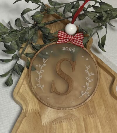 Monogram acrylic and sapele veneer ornament