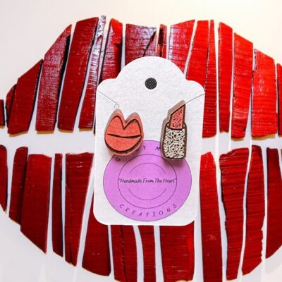 Lips and Lipstick Hand Painted Handmade Wood Stud Earrings