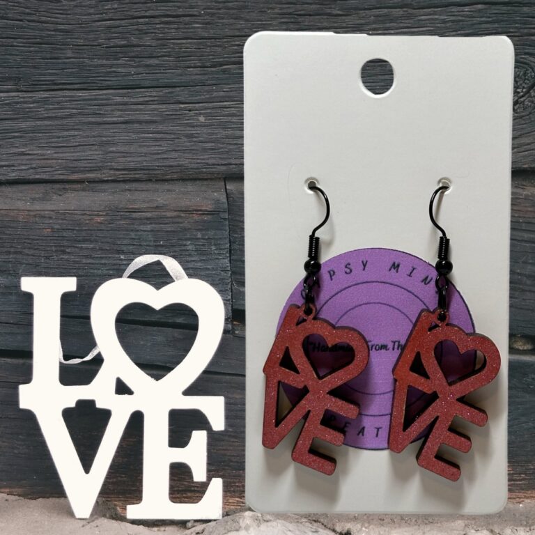 Love Word Painted Wood Dangle Earrings 1 in