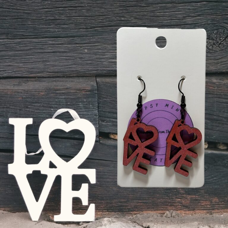 Love Word Painted Wood Dangle Earrings