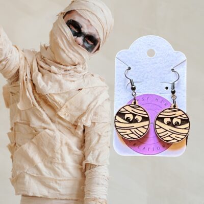 Mummy Laser Engraved Handmade Wood Dangle Earrings