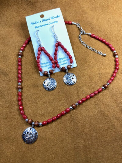 Red Coral Necklace and Earrings With a Silver Sand Dollar Charm