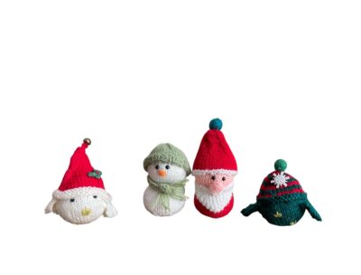 Knitted Santa, Snowman with Green Hat and Scarf, Festive Birds, Holiday Gift, Warm Tree Ornaments, Christmas Decoration, Lot of 4 Hand Knitted Small Dolls