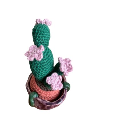 Crochet Plant with Clay Vase, Home Decor, Crocheted Purple Flowers, Ceramic Pot, Crocheted Cactus, Amigurumi, Plalnt in Bloom, Ready to Ship