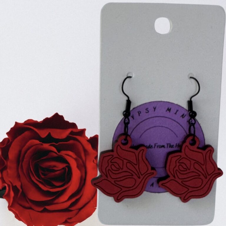 Red Rose Painted Wood Dangle Earrings 1 in