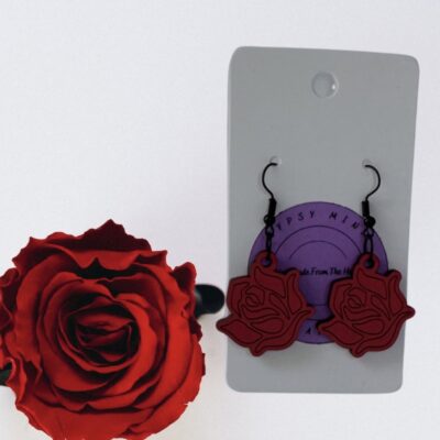 Floral Handmade Painted Wooden Red Rose Lightweight Dangle Earrings