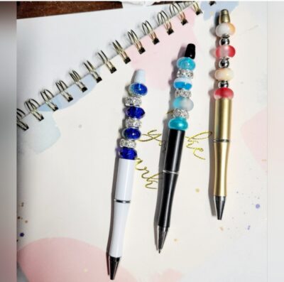 Set of 3x Large Beaded Pens in Black, White, and Gold Hand Crafted