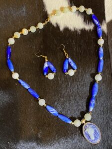 Vintage German Glass Necklace and Earrings with Horse Cameo