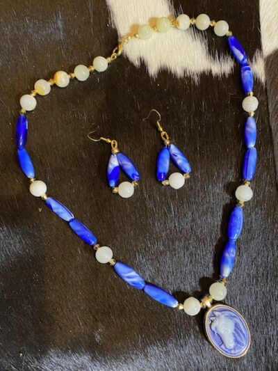 Vintage German Glass Necklace and Earrings with Horse Cameo