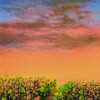 Sunset summer print with vivid sky and flower garden