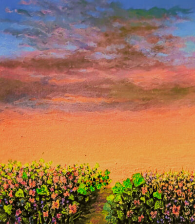 Sunset summer print with vivid sky and flower garden