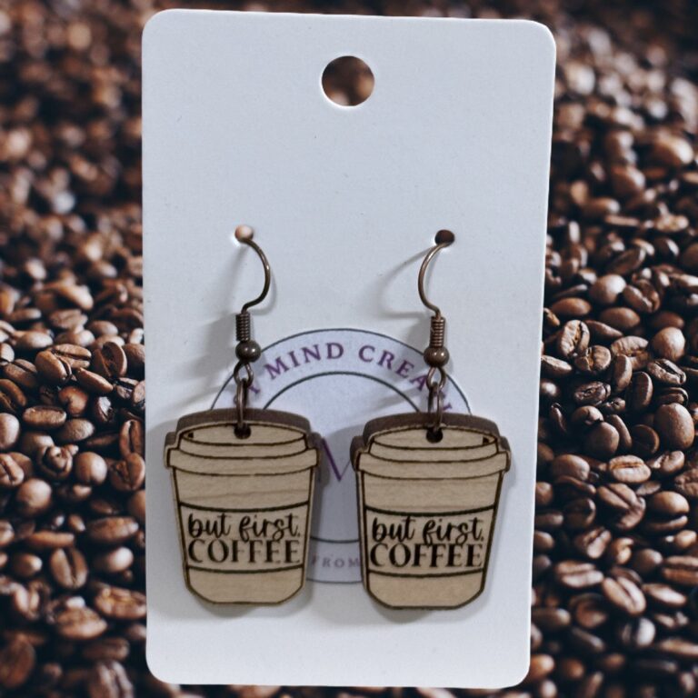 But First Coffee Wood Dangle Earrings Med Maple Hardwood 1 in