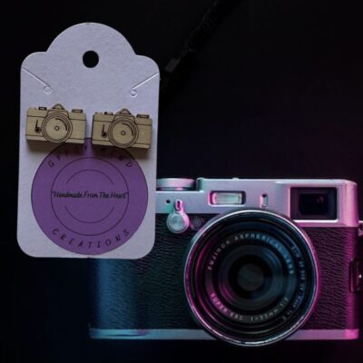 Wood Camera Handmade Laser Cut Stud Earrings