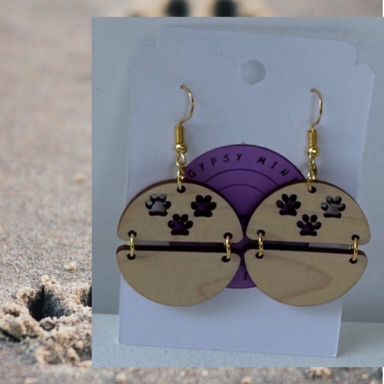 Circle Paw Print Wood Dangle Earrings 1.25 in