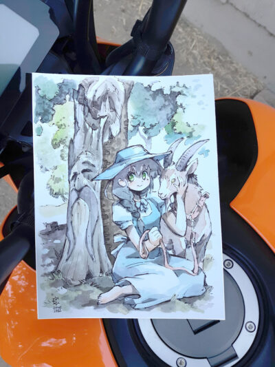 Girl and Her Goat Original Watercolor Drawing