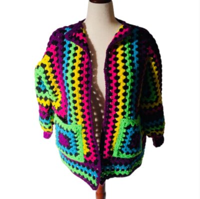 Crochet Cardigan Sweater Neon Colors Handmade Granny Square Pockets Oversize XL