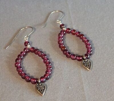 Garnet Bead Hoop Earrings with Silver Leaf Dangle