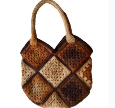 Crochet Purse Handbag Granny Square Browm Beige Lined w/ Pocket 15" x 16" New
