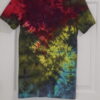 A red, yellow, blue, and black tie-dyed crew neck shirt. Crumple pattern, Small.