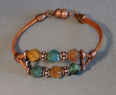 Rustic boho leather and copper bracelet