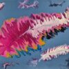 Frantic Feathers; a fluid art painting with a large multicolored (although mostly pink and white) feather at the center. There are also two other feathers (smaller but still matching) at the edges of the canvas along with smokey whips that are pink, white, and Payne's grey.