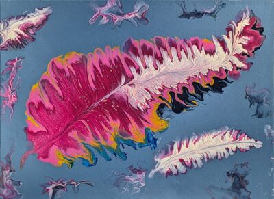 Frantic Feathers; a fluid art painting with a large multicolored (although mostly pink and white) feather at the center. There are also two other feathers (smaller but still matching) at the edges of the canvas along with smokey whips that are pink, white, and Payne's grey.