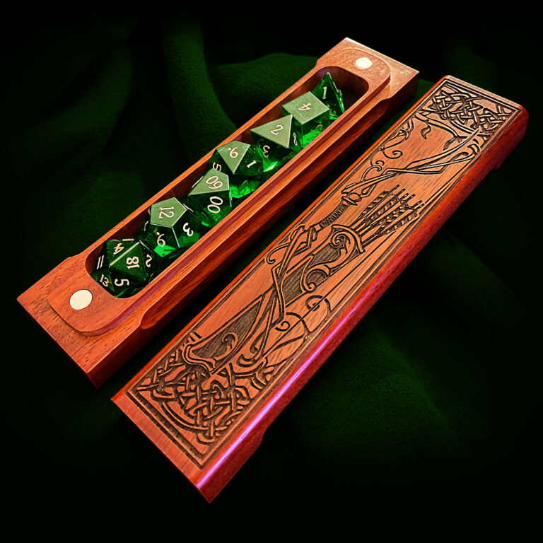Exotic hardwood Ranger theme dice box displayed open showing a full set of dice and the magnetic closure.