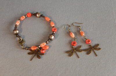 Boho Jewelry Set, Dragonfly Charm Bracelet and Earrings, Flower Bead Jewelry