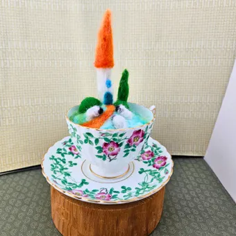 Fairy garden teacup - needle felted castle and sheep in a porcelain teacup