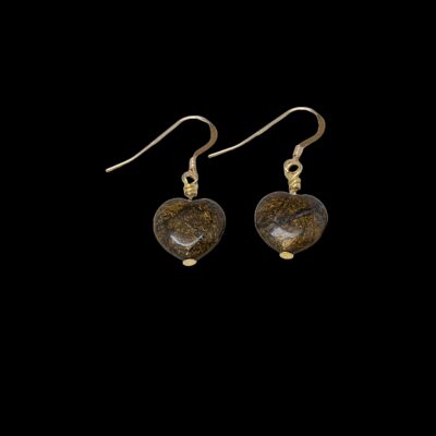 Bronzite heart earrings with 14k gold filled French ear wires. These stones have shades of brown and gold.