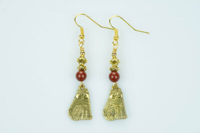 Gold cat earrings accented with a jasper bead. These have gold plated ear wires.