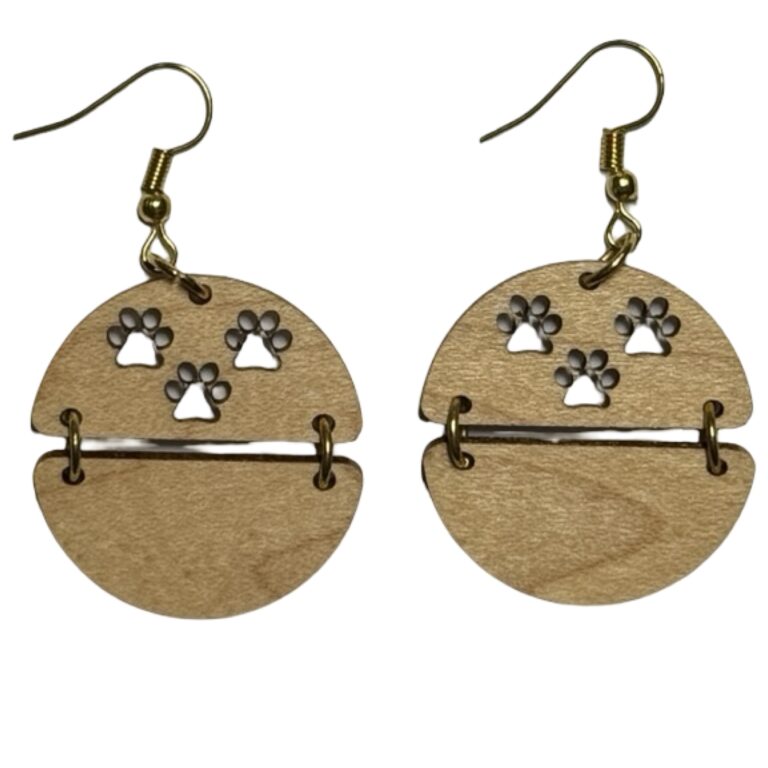 Circle Paw Print Wood Dangle Earrings 1.25 in