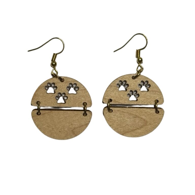 Circle Paw Print Wood Dangle Earrings