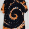 An orange and black tie-dyed V-neck shirt. Spiral pattern, XL.