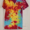 A red, yellow, blue, purple, and green tie-dyed crew neck shirt. Crumple pattern, Small.