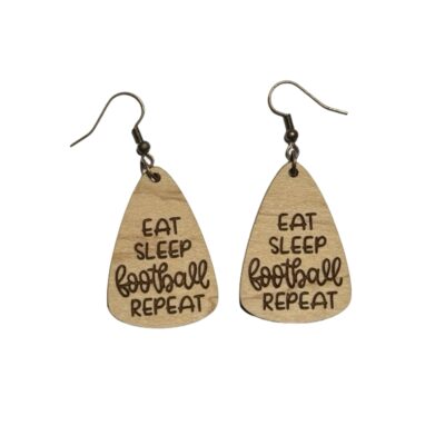 Eat, Sleep, Football, Repeat Engraved Wood Dangle Earrings- Handmade Sports Jewelry