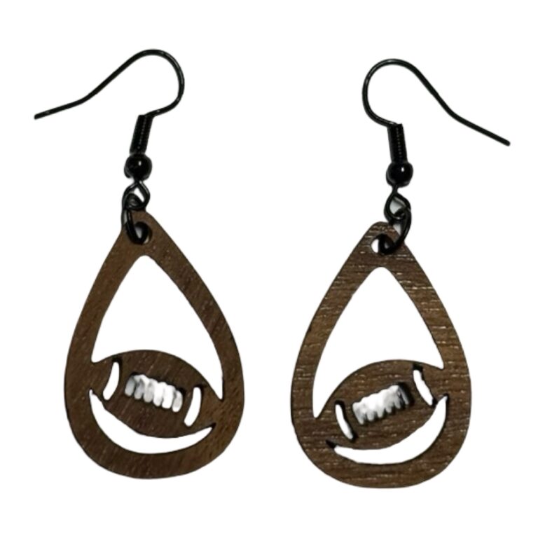 Football Teardrop Wood Dangle Earrings Med Walnut Plywood 1.25 in