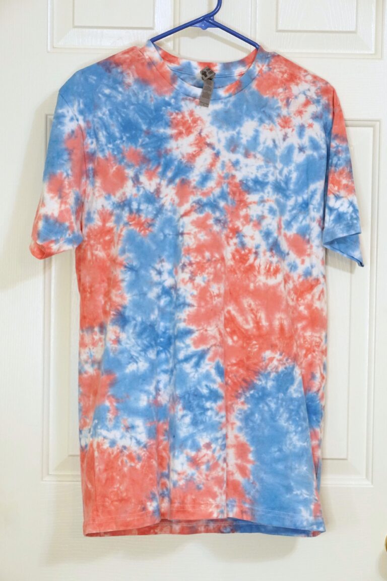 Trans Pride Large Tie-Dye Crew 1 A pink and blue tie-dye shirt in a crumple pattern. Large.