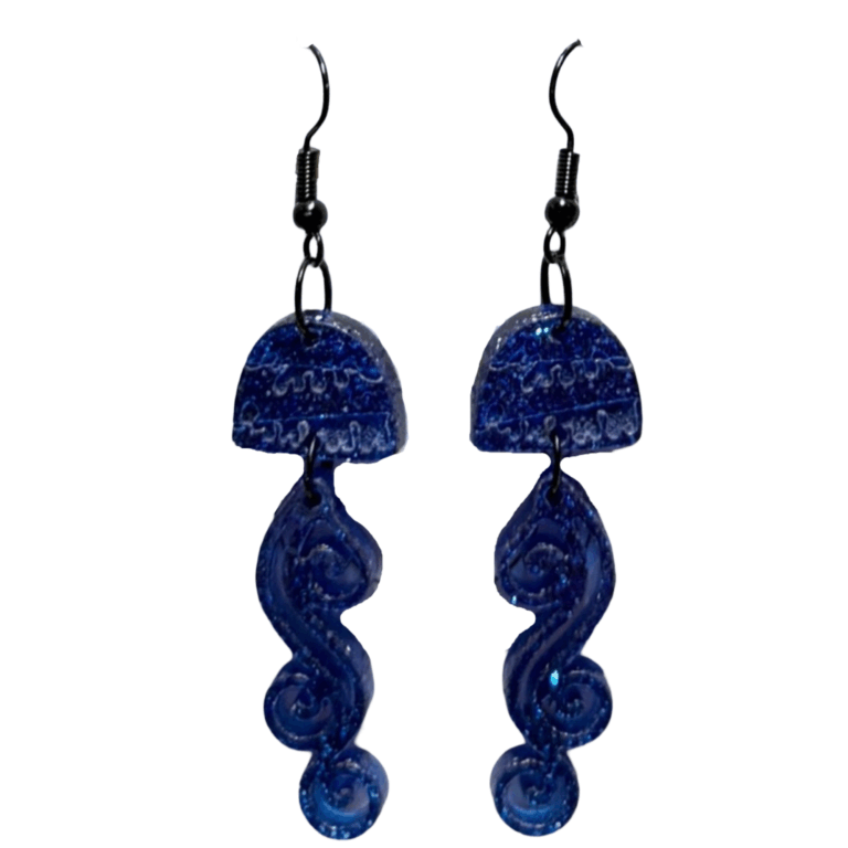 Blue Glitter Jellyfish Acrylic Handmade Dangle Earrings 2 Blue Glitter Jellyfish Acrylic Dangle Earrings 1.75 in