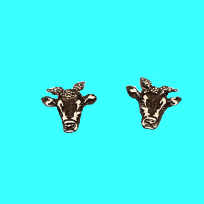 Cow With Bandana Wood Stud Earrings Lightweight Unique Design