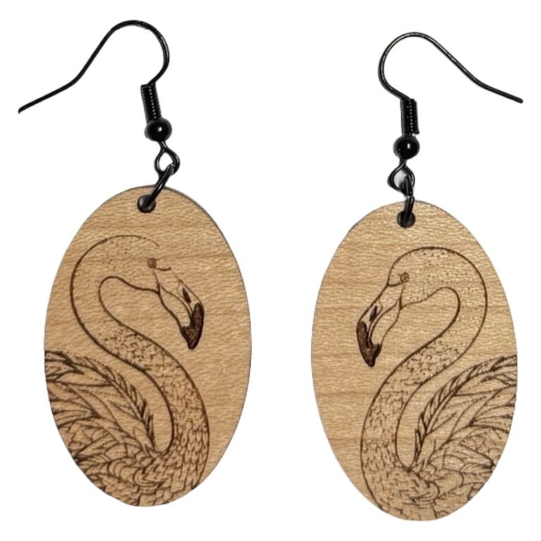 Flamingo Engraved Wood Dangle Earrings Med Maple Hardwood 1.5 in