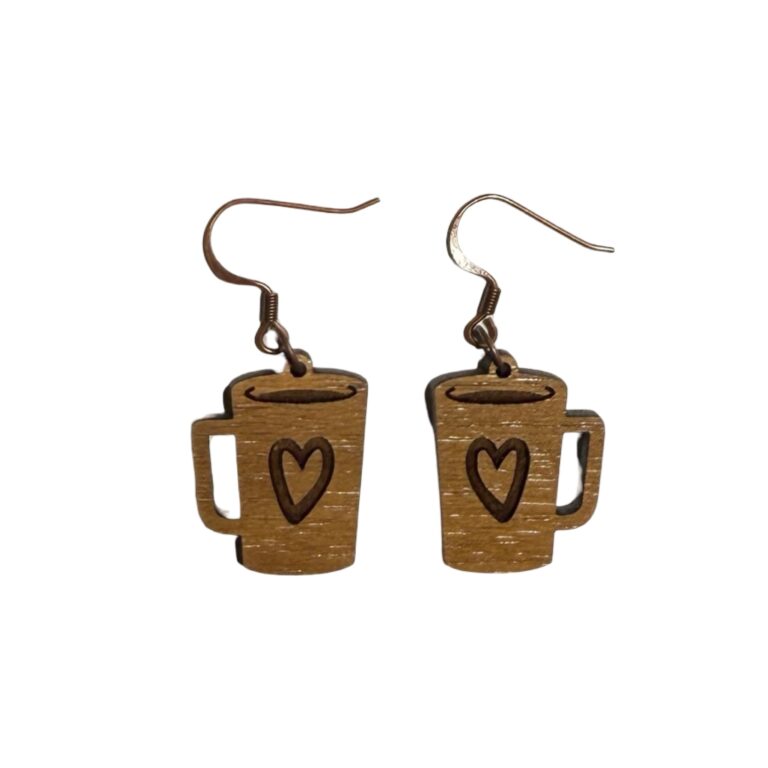 Heart Coffee Cup Handmade Wood Dangle Earrings 1 Heart Coffee Cup Wood Dangle Earrings
