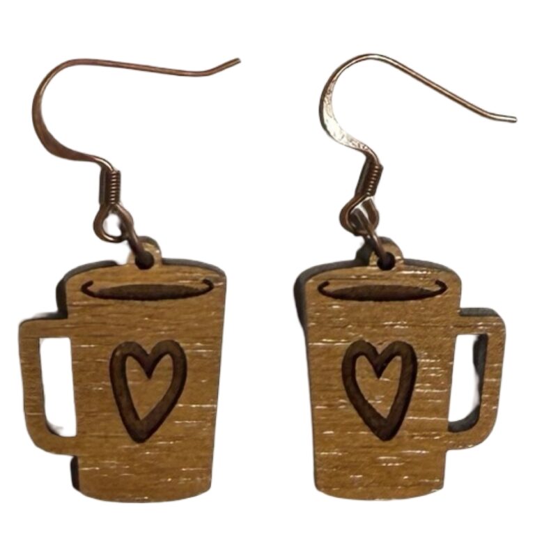 Heart Coffee Cup Handmade Wood Dangle Earrings 2 Heart Coffee Cup Wood Dangle Earrings Medium Walnut Plywood 1 in