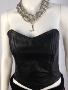 Leather Bustier front with necklace on model