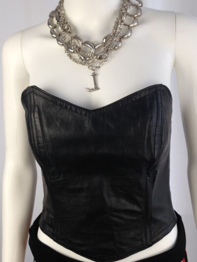 Leather Bustier front with necklace on model