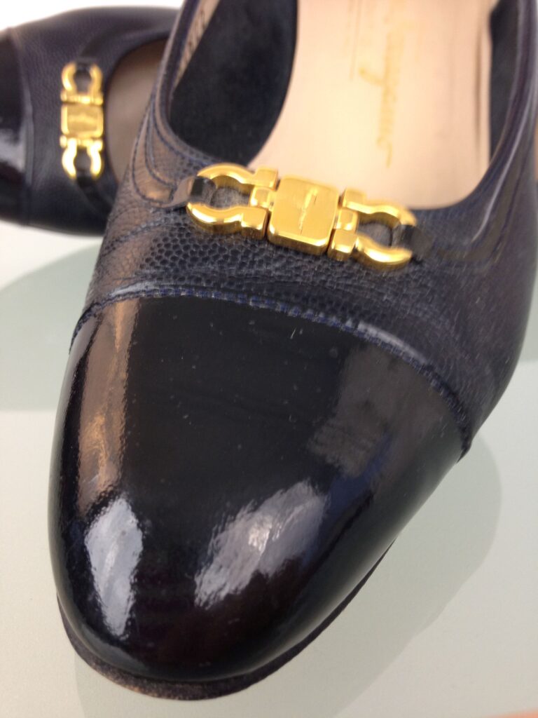 Vintage Ferragamo Navy Horsebit Cap Toe Loafers 4 Ferragamo cap toe horsebit close up