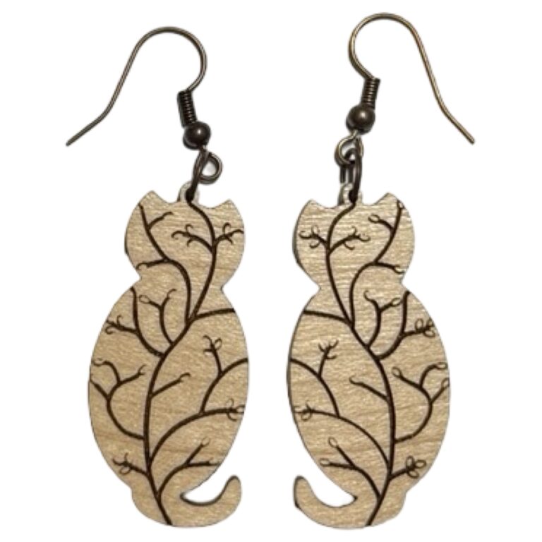 Kitty Willows Wood Earrings: Lightweight Laser Cut Dangles 2 Kitty Willows Wood Dangle Earrings Med Maple Hardwood 1.5 in